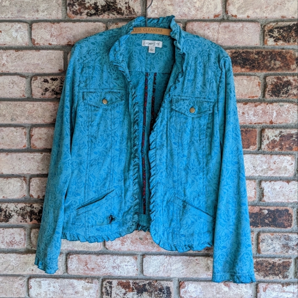 💠 Coldwater Creek Teal Ruffle Edge Brocade Blazer Jacket Size L
